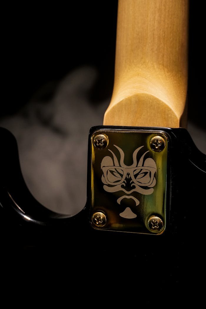 Close-up of an electric guitar neck featuring a mask design on the metal plate, set against a smokey backdrop.